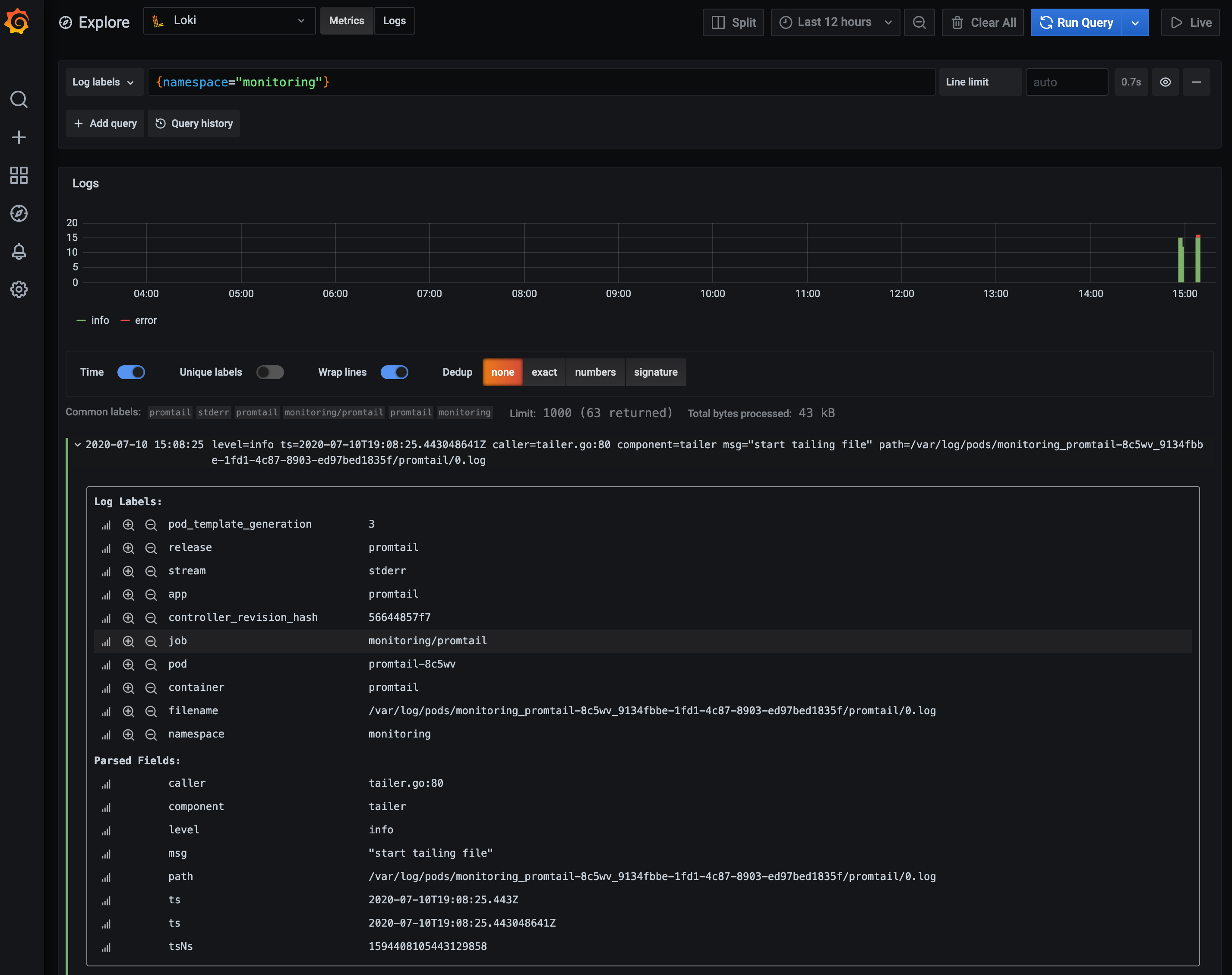 grafana logs namespace